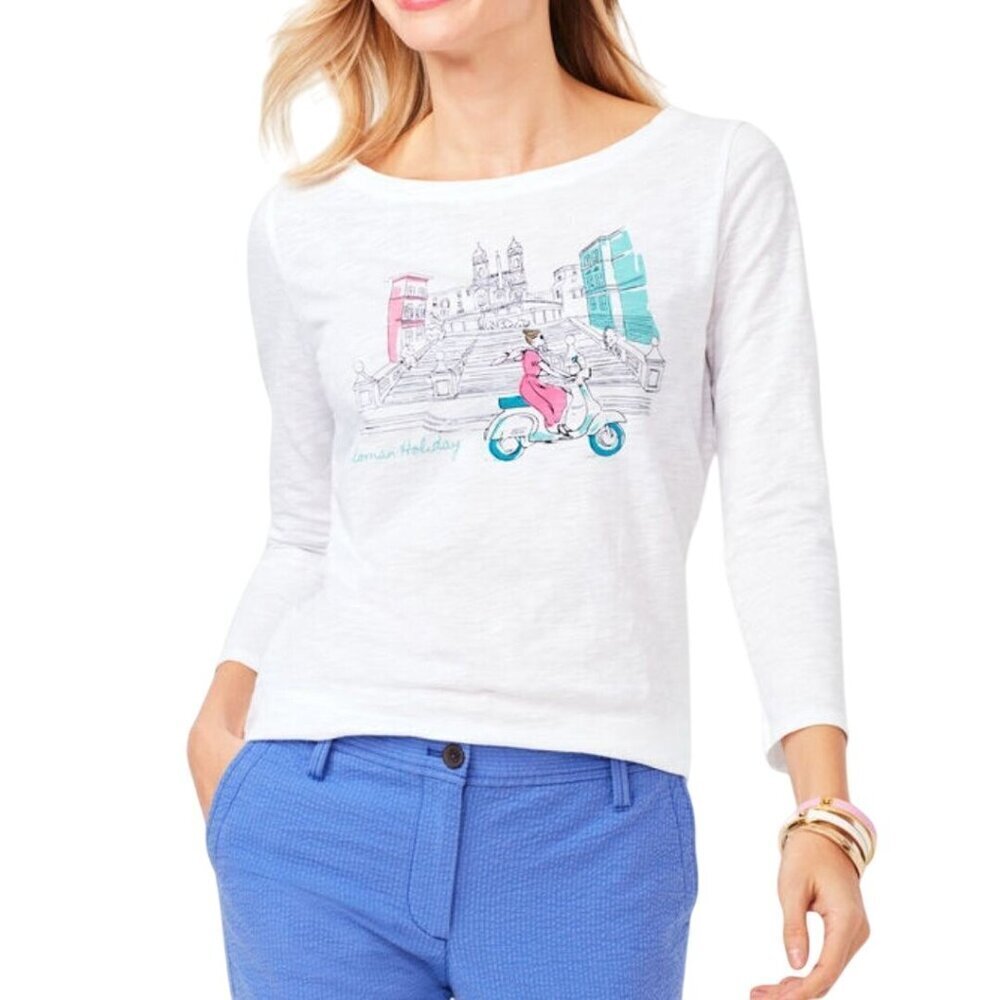 Talbots Cotton Bateau Neck Tee Scooter Girl Roman Holiday Travel Size M